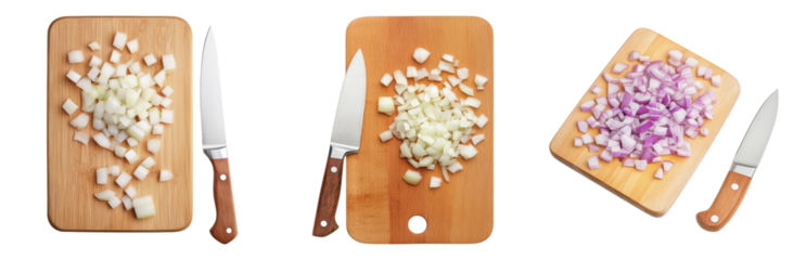 Chopped Onions and Shallots on Wooden Cutting Boards Isolated on transparent background