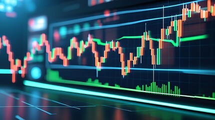 financial market in motion, featuring candlestick charts moving in real-time. The candles rise and fall smoothly, representing market fluctuations.