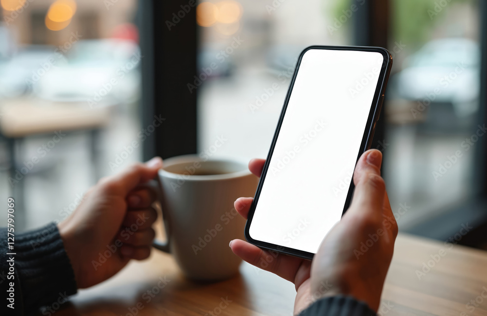 Poster Hands hold mobile phone with blank screen, drink coffee. Person uses smartphone with empty display in cafe near window. Device mockup for app promotion.