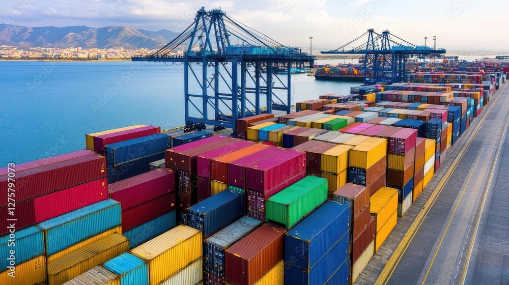 Poster Large container ship being loaded at a busy port with cranes and containers in los angeles