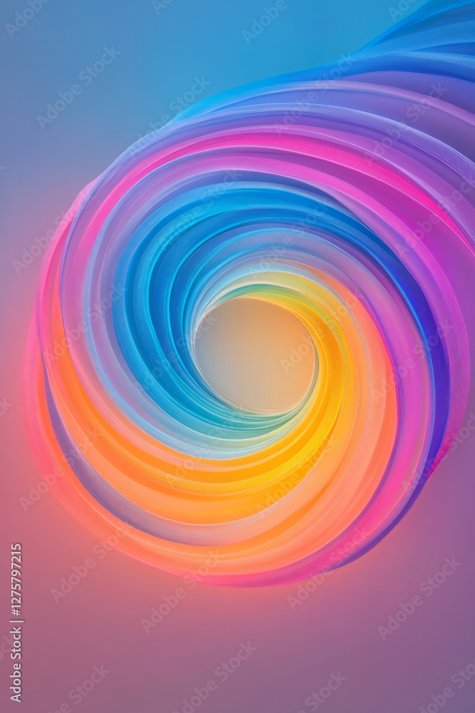Poster a glowing neon spiral twisting seamlessly, lines gradually shifting in hue as they loop around an