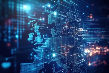 Aerial view of Europe illuminated by digital connections