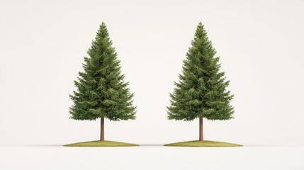Two Evergreen Trees on Grass Isolated on White Background Nature