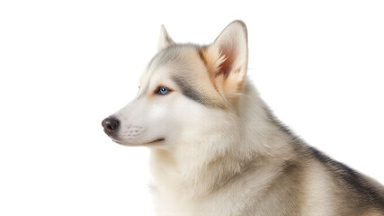 Fototapeta premium A majestic Siberian husky with piercing blue eyes, standing in profile. Fur details are crisp and lifelike, isolated on a plain white background.