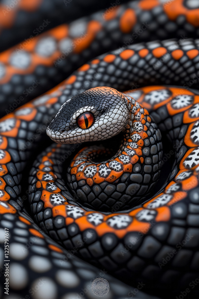 Poster intertwined serpents arranged in a symmetrical spiral pattern evoking a trance-like visual effect,