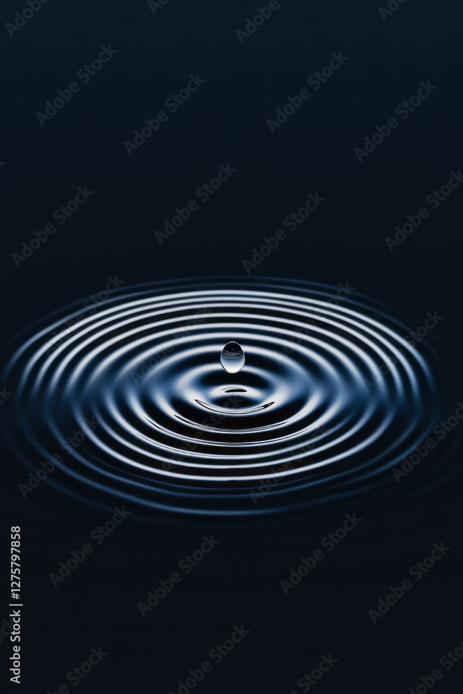 Poster minimalistic shot of a single droplet causing multiple concentric ripples in an endless body of