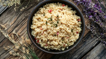 A quinoa dish served in an antique cast-iron bowl, with a rustic wooden backdrop and dried flowers for a cozy farmhouse aesthetic