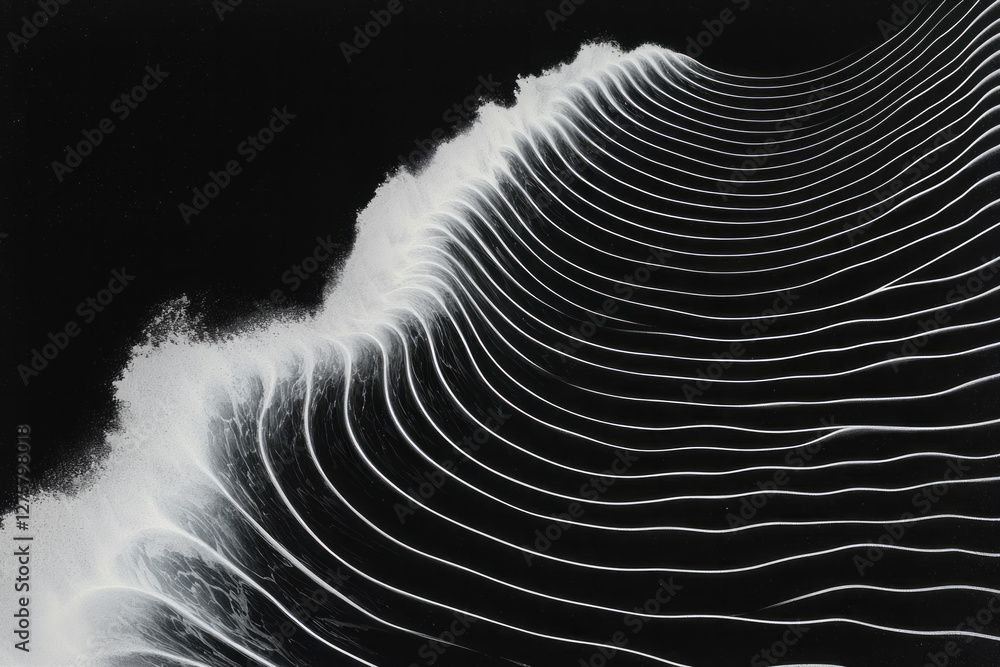 Poster top-down aerial view of rolling ocean waves transitioning into graphical beats forming waveforms at