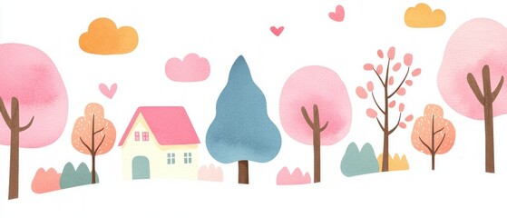 Charming Watercolor House in a Pastel Spring Landscape with Trees and Hearts