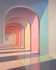 Obraz premium Labyrinthine corridor with beams of colorful light crossing overhead, casting shifting geometric