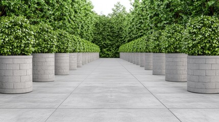 Serene Garden Path Stone Planters Line a Tranquil Greenery Walkway