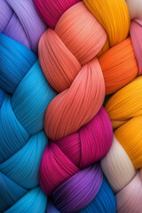 Macro shot of braided fiber optics in kaleidoscopic colors, revealing intricately layered strands