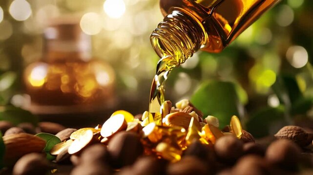 A close-up of golden macadamia nut oil dripping from an amber glass bottle onto freshly cracked macadamia nuts. The warm lighting and soft bokeh background emphasize the richness and purity 