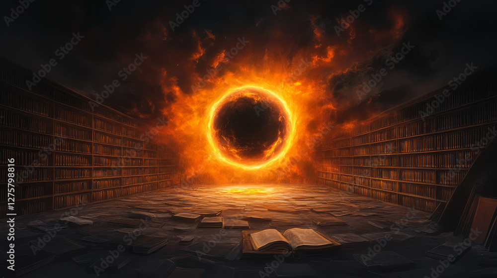 Poster timeworn library with shelves consumed by darkness radiating outward from a single floating sphere