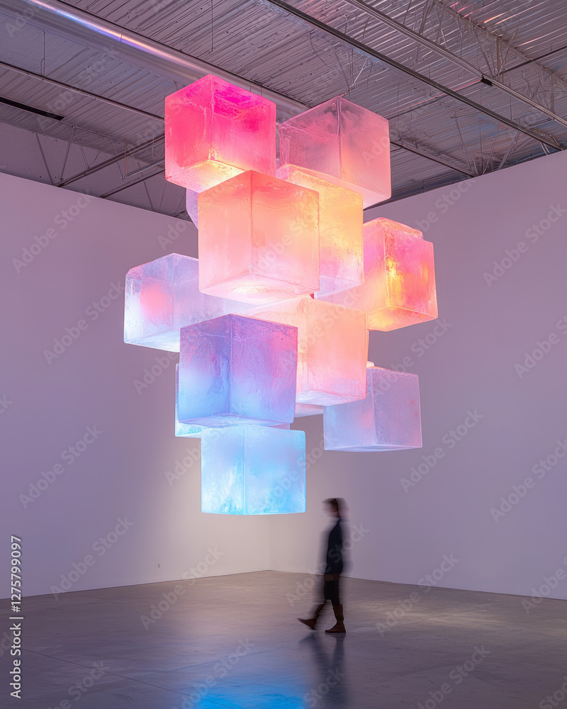 Poster abstract neon installation of floating cubes arranged in layered wave-like arcs, each cube emitting