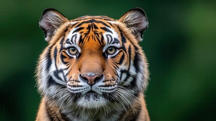 Fototapeta premium Close up portrait of a regal Bengal tiger with bold black stripes forming intricate swirling patterns on its golden orange fur, symbolizing strength and natural beauty
