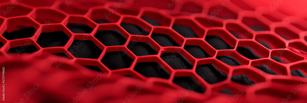 Poster dramatic overhead shot of deep red honeycomb structures weaving together in a layered 3d pattern,