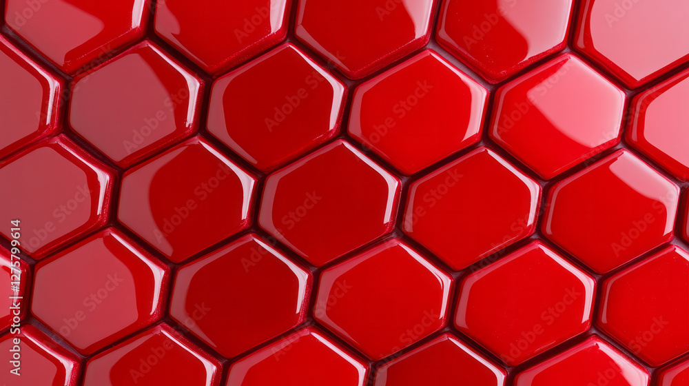 Poster close-up view of glossy red hexagonal cells, each reflecting a faint highlight that gives a sleek,