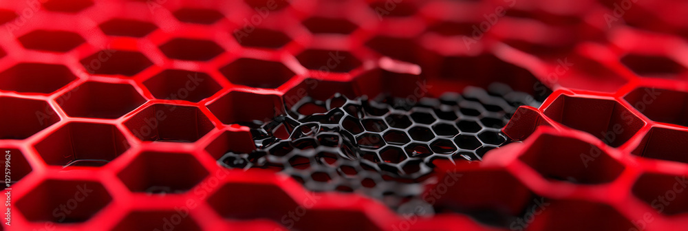 Poster dramatic overhead shot of deep red honeycomb structures weaving together in a layered 3d pattern,