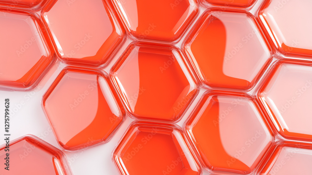 Poster close-up view of glossy red hexagonal cells, each reflecting a faint highlight that gives a sleek,