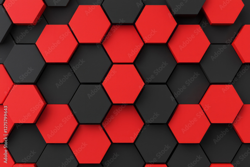 Poster minimalistic composition of radiant red hexagonal tiles on a black backdrop, creating a dynamic