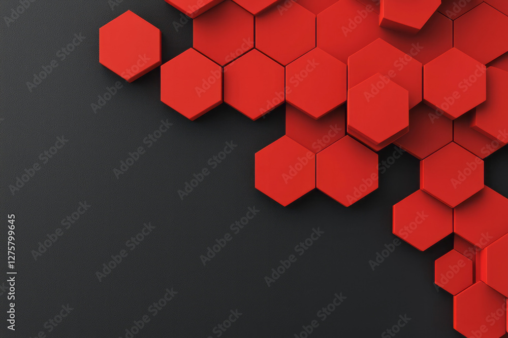 Poster minimalistic composition of radiant red hexagonal tiles on a black backdrop, creating a dynamic