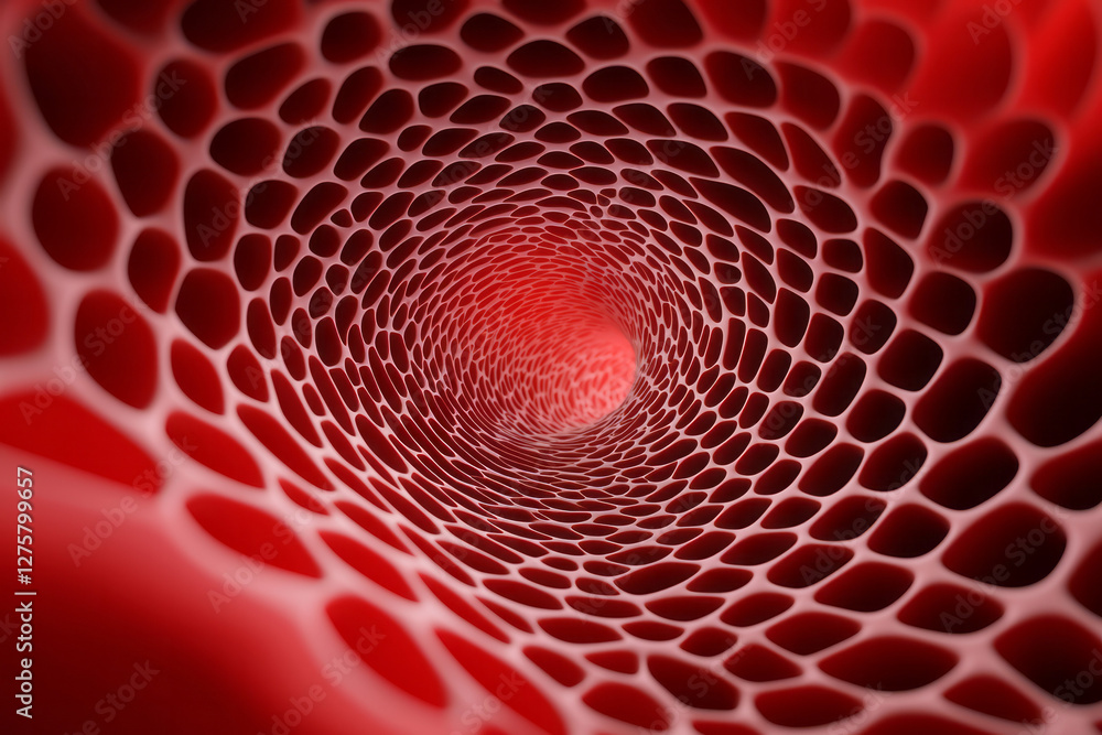 Poster fractal-like arrangement of overlapping scarlet hexagons forming a swirling pattern that draws the