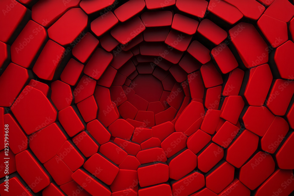 Poster fractal-like arrangement of overlapping scarlet hexagons forming a swirling pattern that draws the