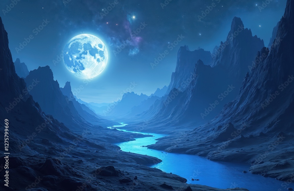 Aufkleber mystical blue alien landscape with glowing moon over river between mountains. fantastic fictional sc