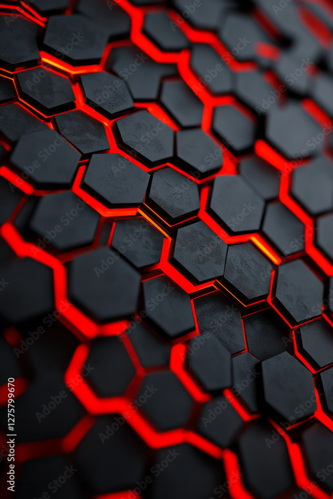 Poster intensely lit abstract honeycomb wall where each cell pulses softly in different shades of red from