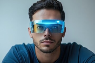 A man with short dark hair wears futuristic blue glasses with glowing lights.