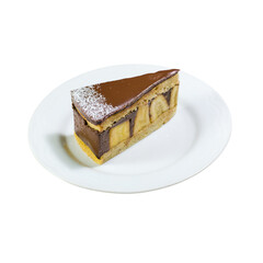 Delicious chocolate banana cake slice isolated on transparent background