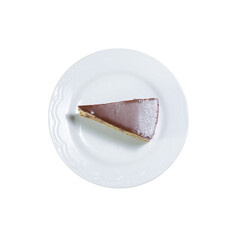 Chocolate cake slice on a white plate isolated transparent background