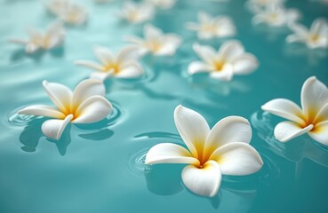 Fototapeta premium Frangipani flowers float on clear turquoise water surface. Plumeria blooms, spa wellness and relaxation concept. Exotic floral aromatherapy treatment. Tropical aroma, summer freshness.