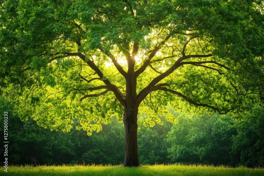 Poster lonely tree standing in the center of an open green field under a clear blue sky