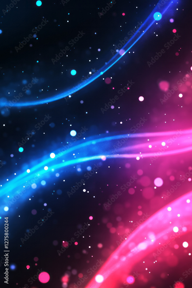Poster bokeh-style backdrop with diffused red and blue curves meandering like soft glimmers of neon,