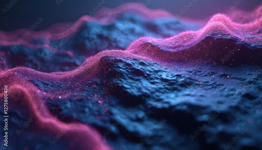 Poster abstract dark grunge stone texture with purple glowing neon waves. blue shining background. generati