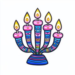 Colorful Decorative Menorah with Lit Candles in Artistic Style on White Background