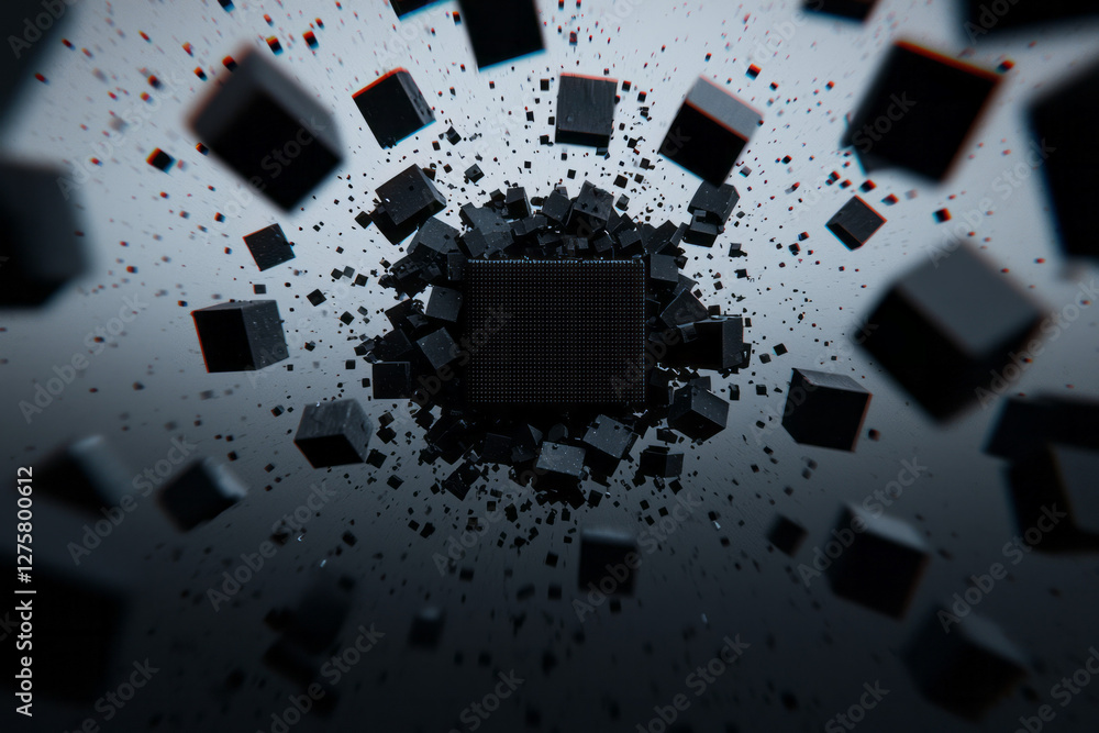 Poster stylized burst of 3d cubes erupting from a central point, each cube dissolving at the edges into