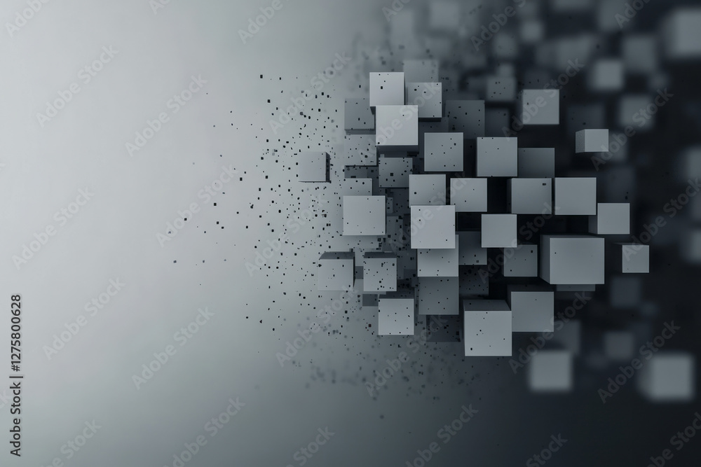 Poster stylized burst of 3d cubes erupting from a central point, each cube dissolving at the edges into