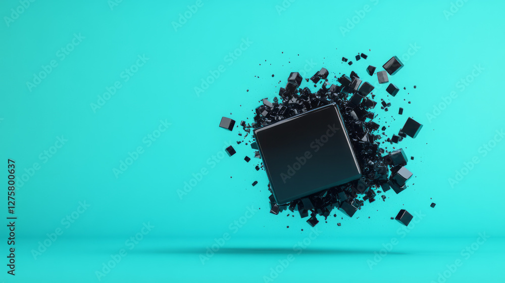 Poster minimalist composition featuring glossy black cubes splitting into small angular fragments set