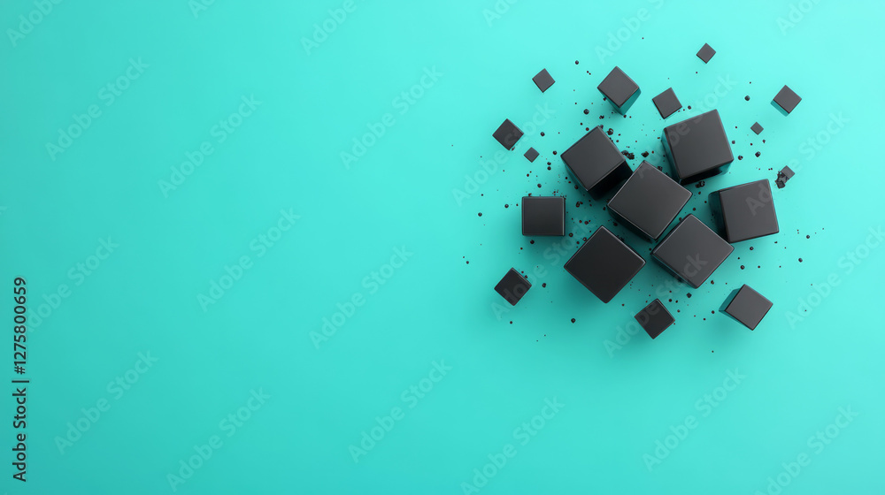 Poster minimalist composition featuring glossy black cubes splitting into small angular fragments set