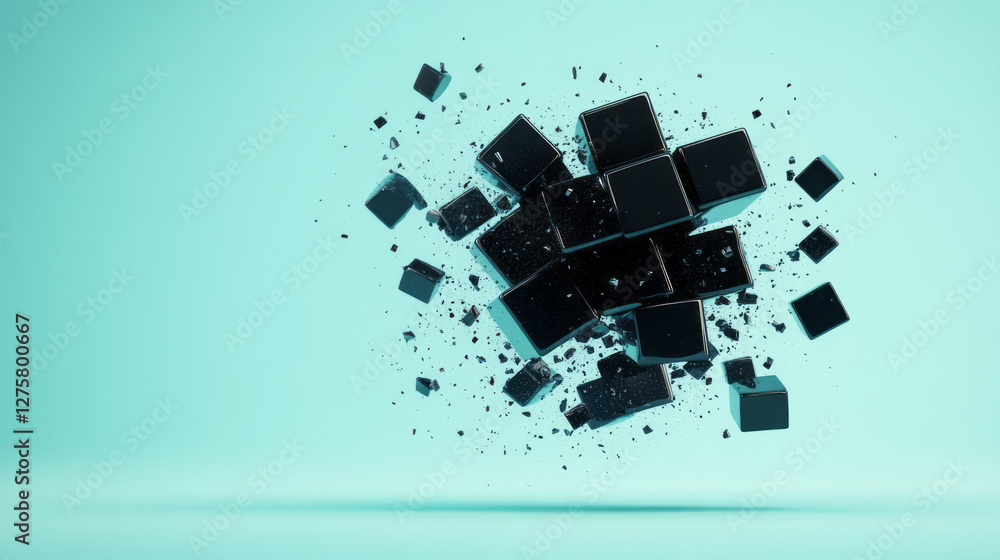 Poster minimalist composition featuring glossy black cubes splitting into small angular fragments set