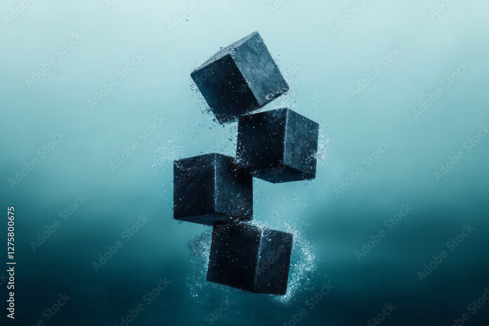 Poster multiple stacked cubes disintegrating piece by piece, falling toward the bottom of the frame like