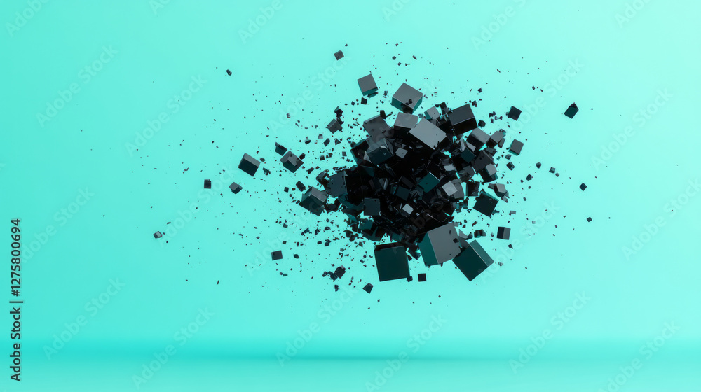 Poster minimalist composition featuring glossy black cubes splitting into small angular fragments set