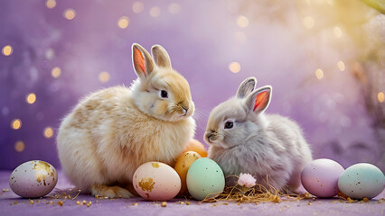 The concept of a bright Easter holiday. Delicate Easter eggs, bunnies on a pastel background.