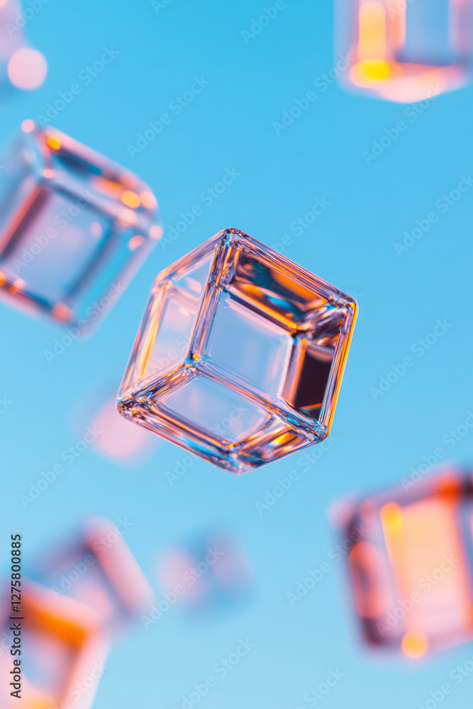 Aufkleber Close-up of floating cube edges disintegrating into polygon fragments, each piece glowing faintly