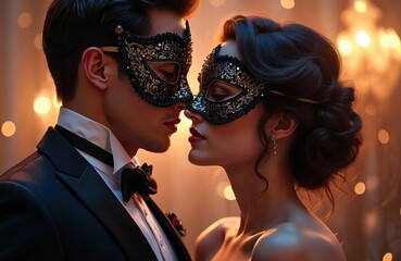 Elegant couple wearing glamour masks at masquerade ball, evoking mysterious sensual atmosphere. Man in suit, lady in dress. Sensuality, flirting, human relations, love, valentines celebration.