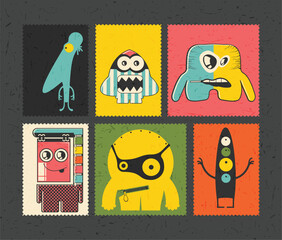 Set of cartoon monsters  on color grunge background