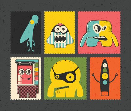 Naklejki Set of cartoon monsters  on color grunge background